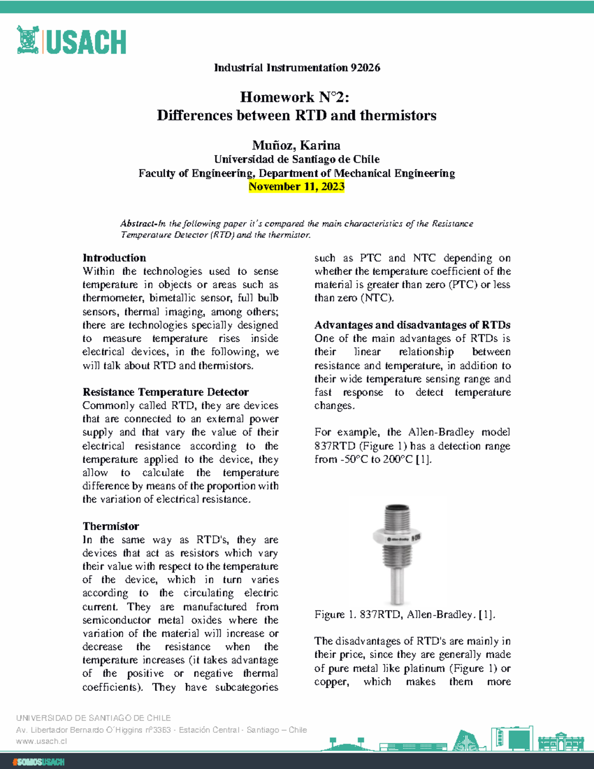 Differences between RTD and thermistors UNIVERSIDAD DE SANTIAGO DE