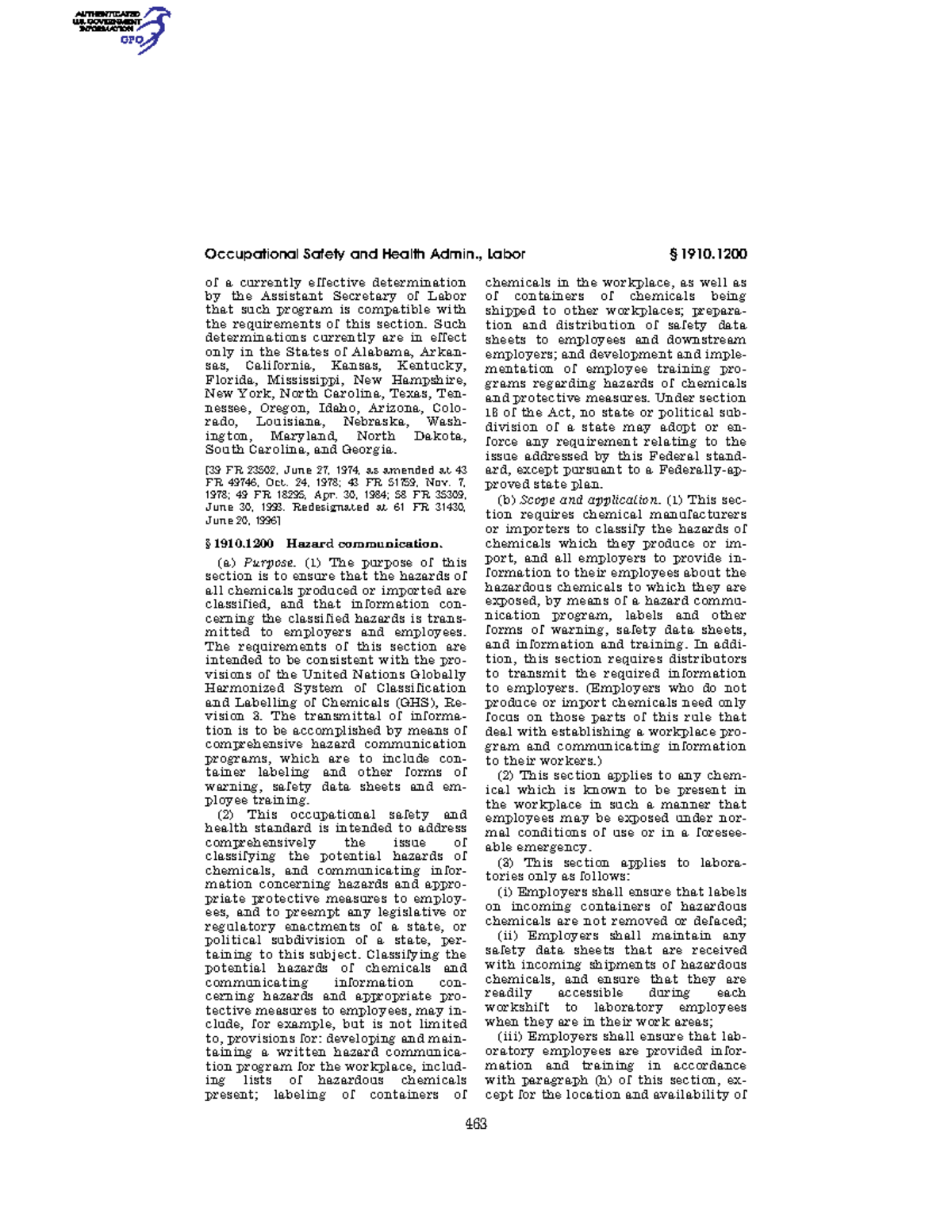 29 CFR 1910.1200 (1999) - 463 Occupational Safety and Health Admin ...