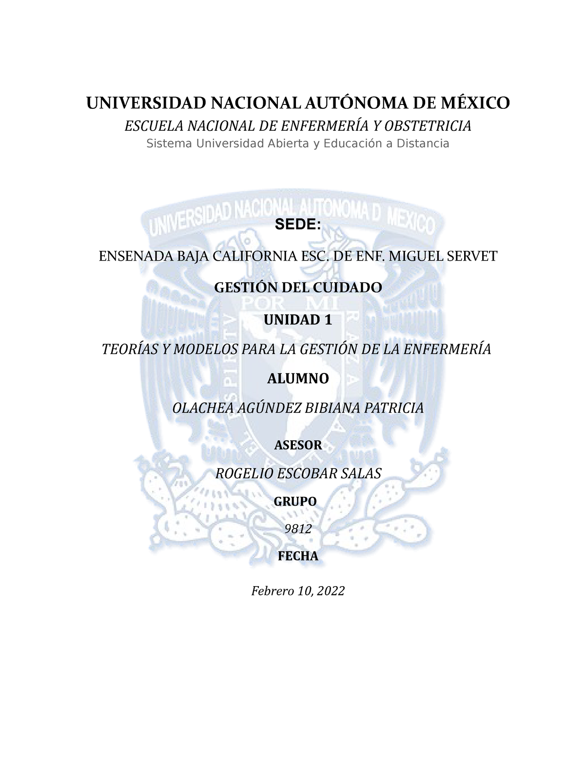 Teorías y modelos para la gestión de enfermería - UNIVERSIDAD NACIONAL  AUTÓNOMA DE MÉXICO ESCUELA - Studocu