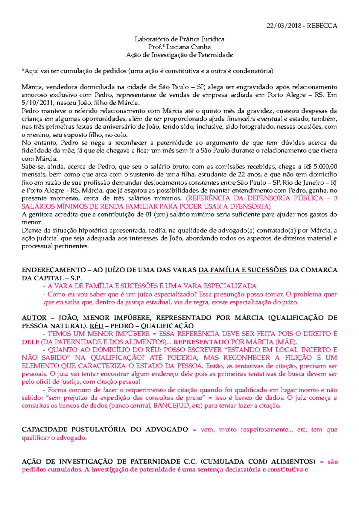 Acao De Paternidade 22 03 18 Rebecca Laboratorio De Pratica Juridica Prof ª Luciana Cunha Studocu