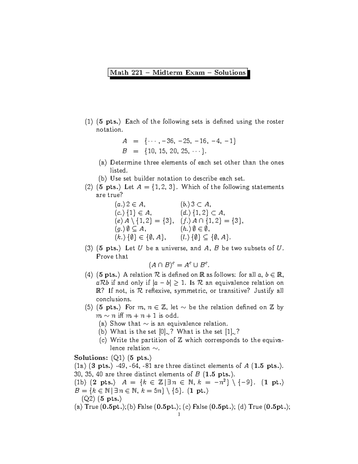 Midterm solutions - Math 221 – Midterm Exam – Solutions (1) (5 pts ...