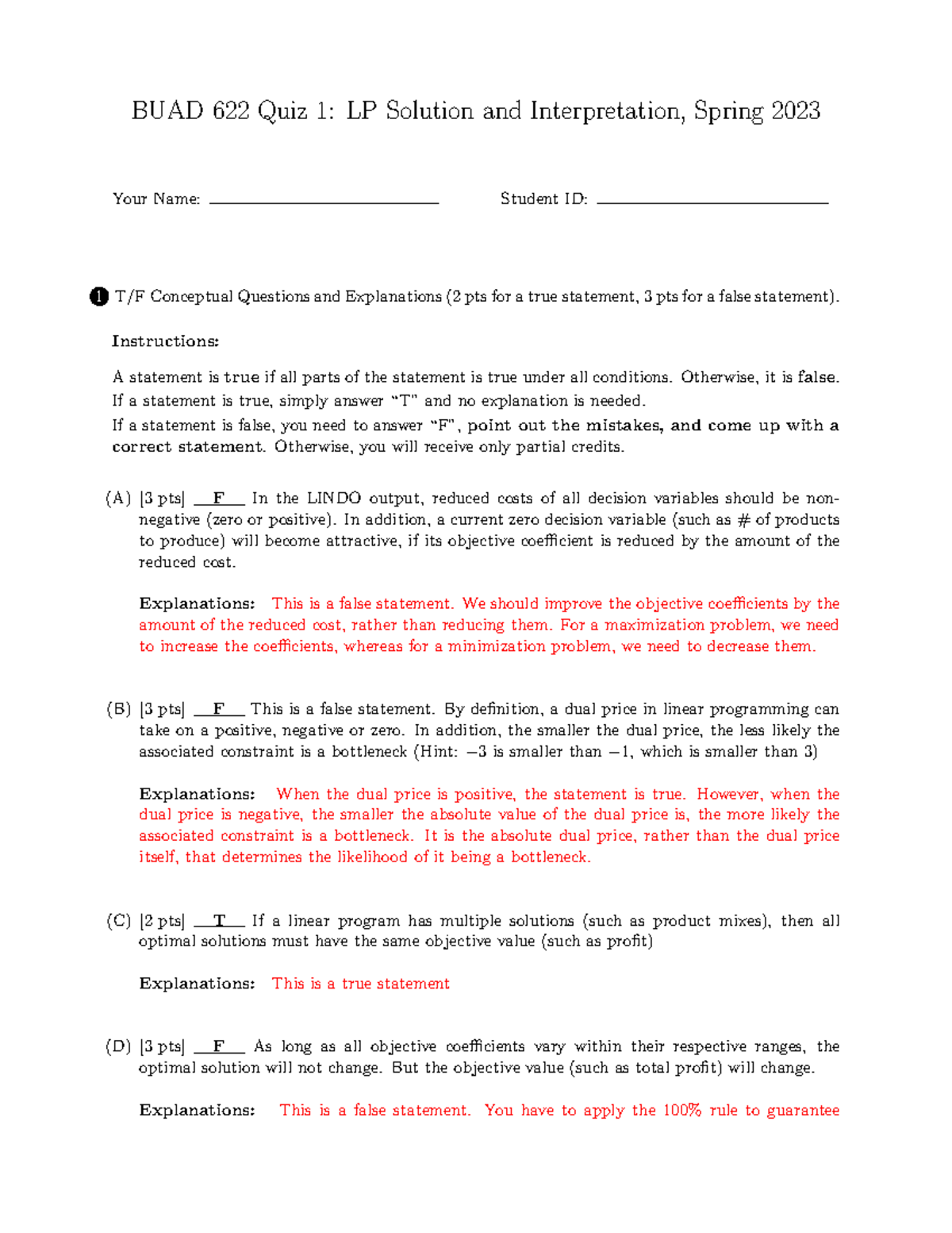 Quiz1-2023-Solution - Quizzes - BUAD 622 Quiz 1: LP Solution And ...