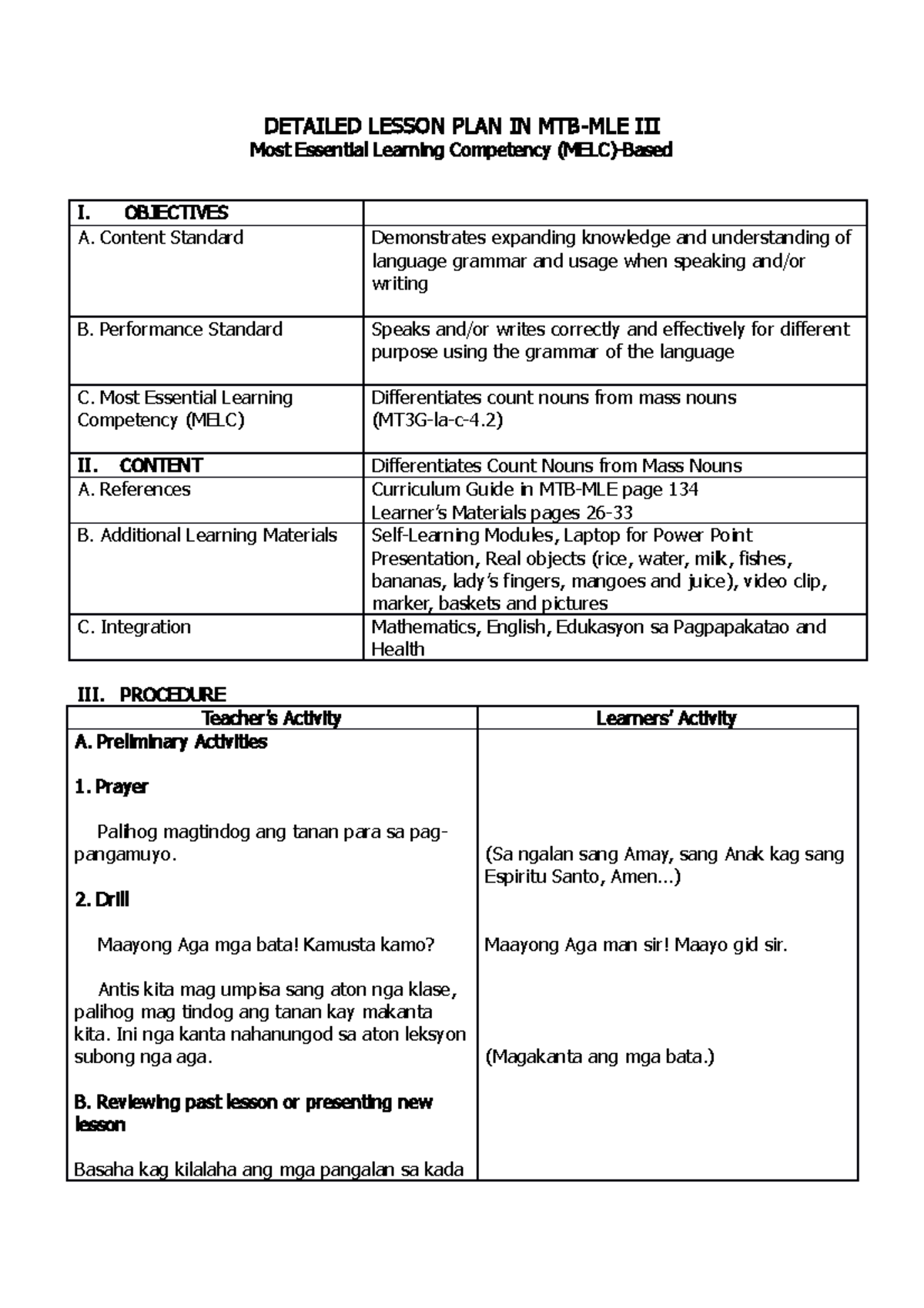 DLP IN Mother Tongue III - DETAILED LESSON PLAN IN MTB-MLE III Most ...