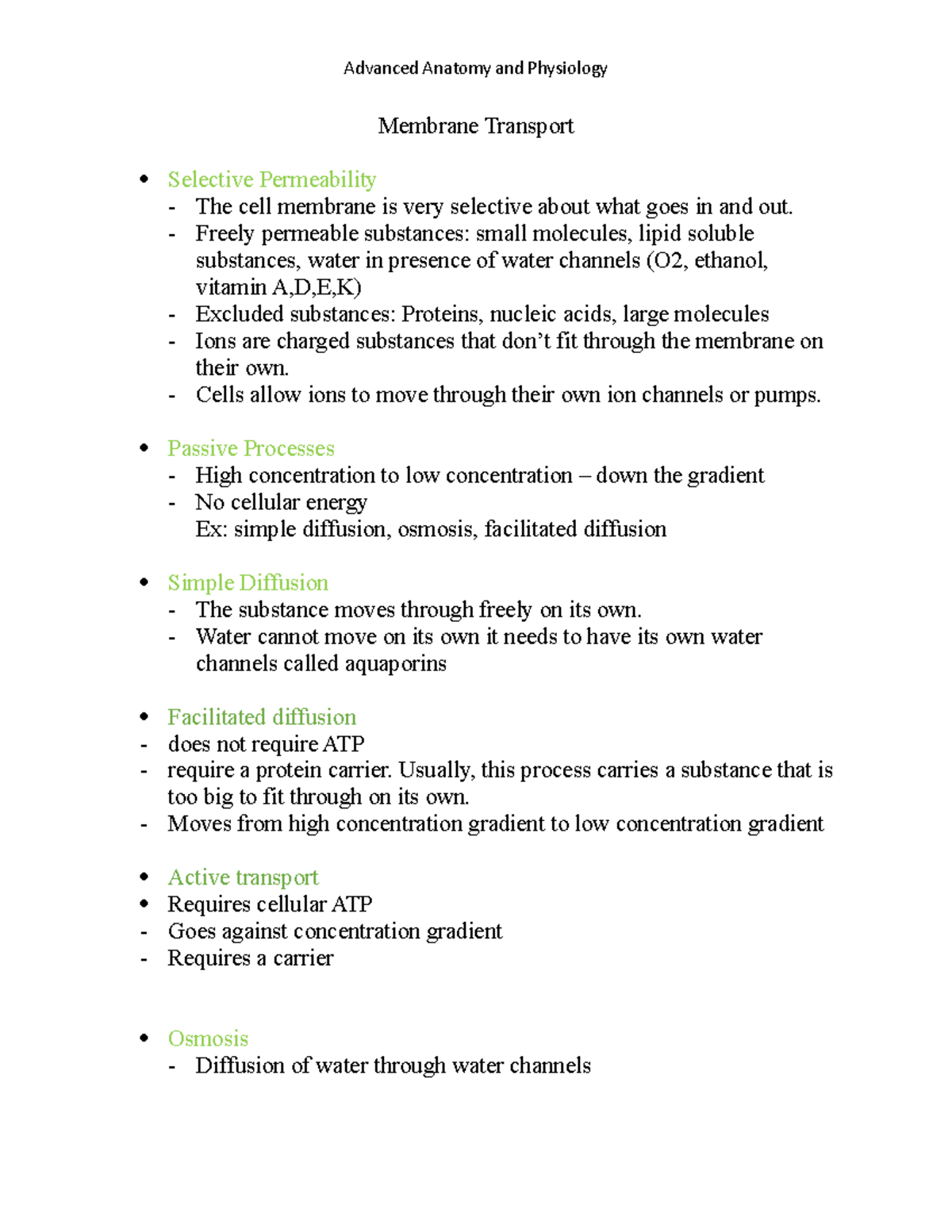 Anatomy and Physiology Notes Study Guide - Membrane Transport Selective ...