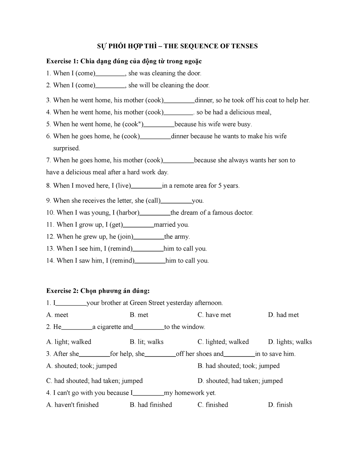 Sequence OF Tenses (SU PHOI HOP THI) - BAI TAP - SỰ PHỐI HỢP THÌ – THE ...