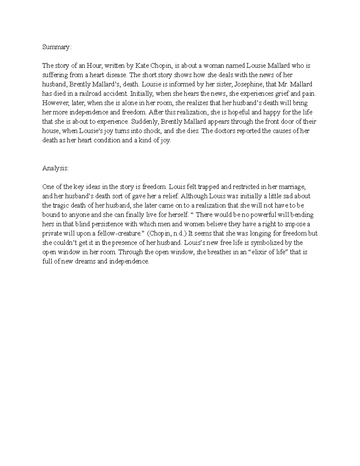 ENGL100The story of an hour Summary The story of an Hour, written