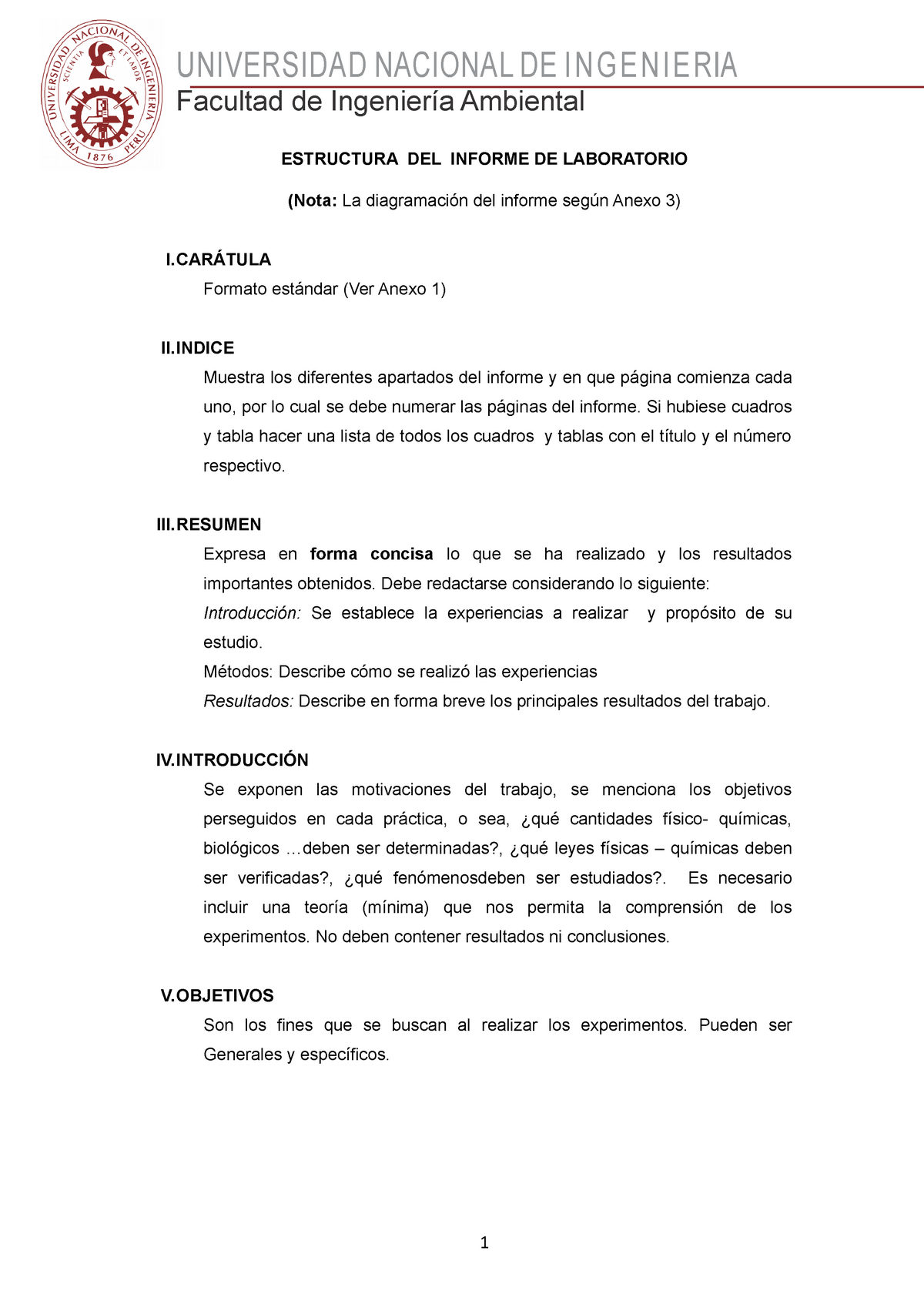 2 Estructura de Informe de Laboratorio - UNIVERSIDAD NACIONAL DE INGENIERIA  Facultad de Ingeniería - Studocu