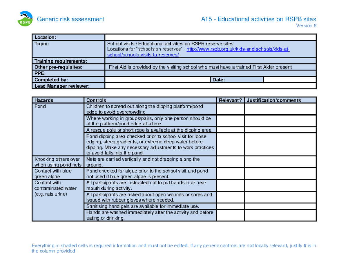 A15 Educational visits on RSPB sites - Generic risk assessment A 15 ...