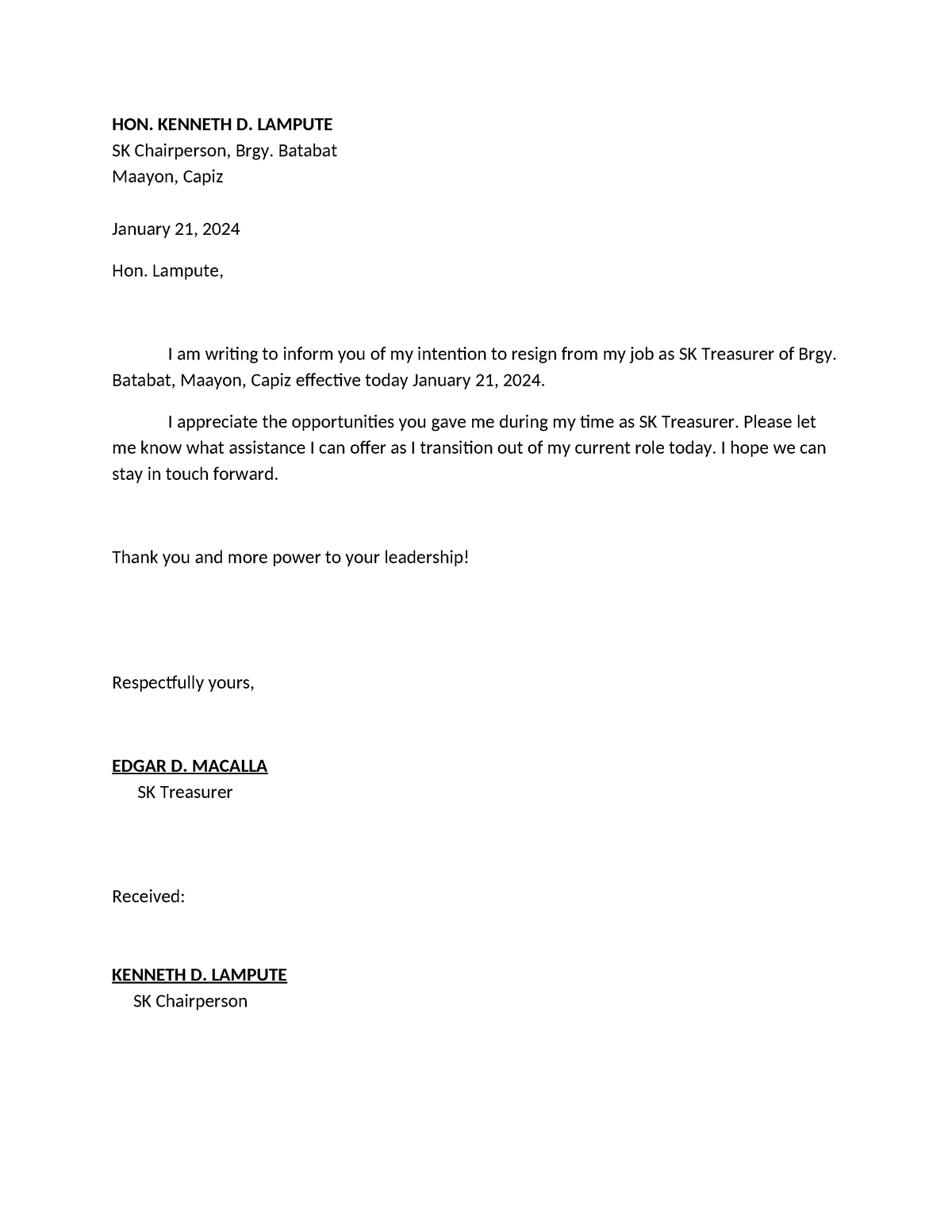 Resignation OF edgar - HON. KENNETH D. LAMPUTE SK Chairperson, Brgy ...