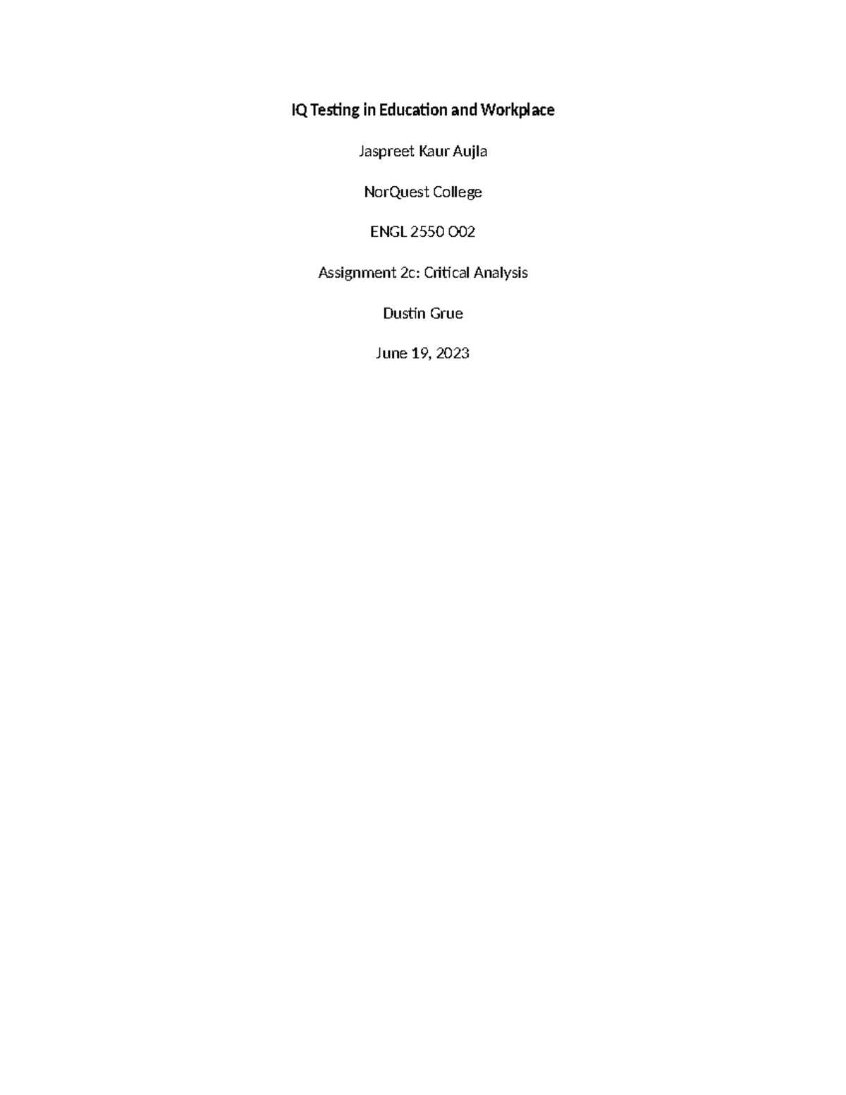 Essay outline - IQ Testing in Education and Workplace Jaspreet Kaur ...