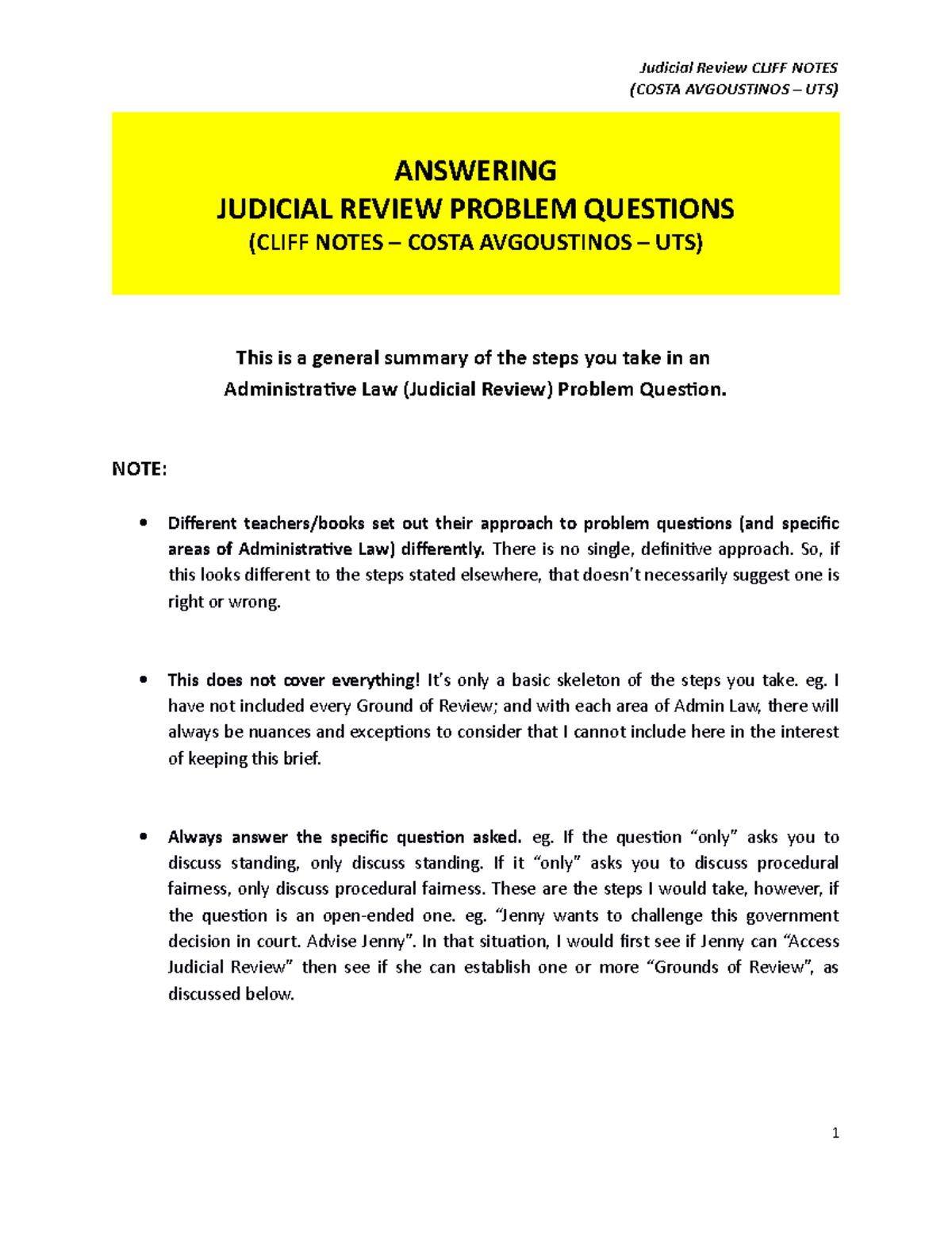 Judicial Review Answer List Notes COSTA AVGOUSTINOS UTS 