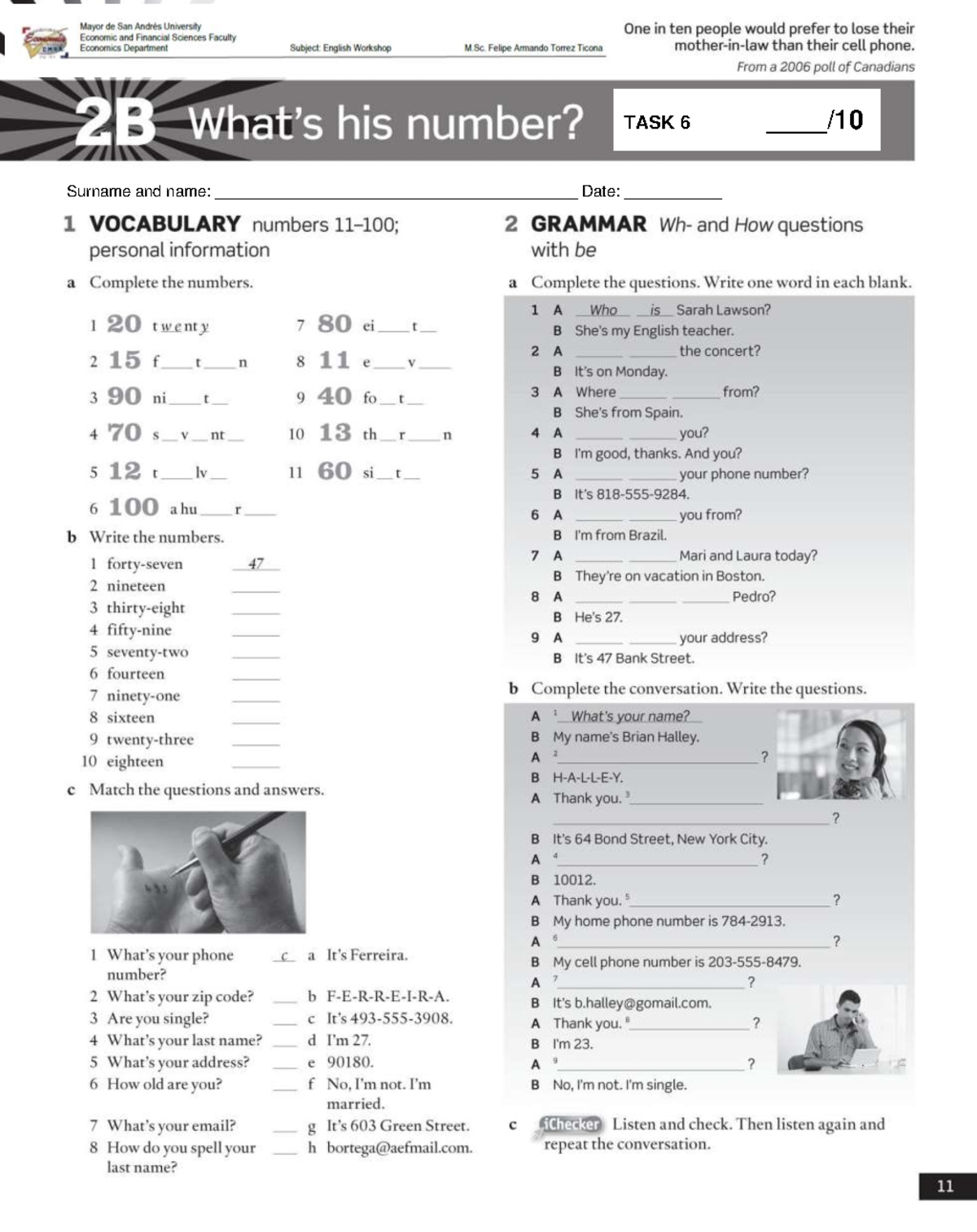 TASK 6 - TAREA - Ingles I - TASK 6 ____/ Surname and name