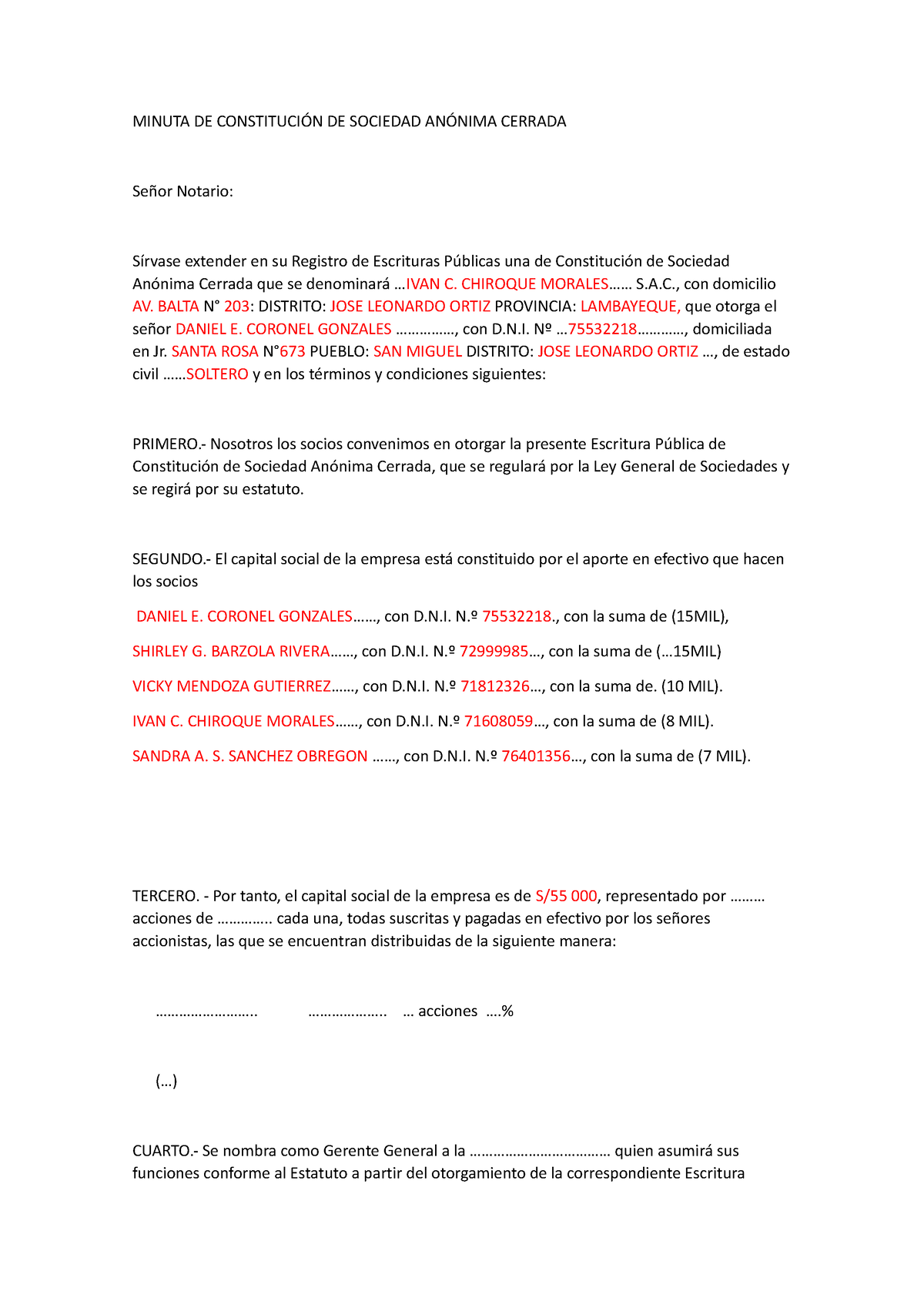 Minuta De Constitución De Sociedad Anónima Cerrada Minuta De