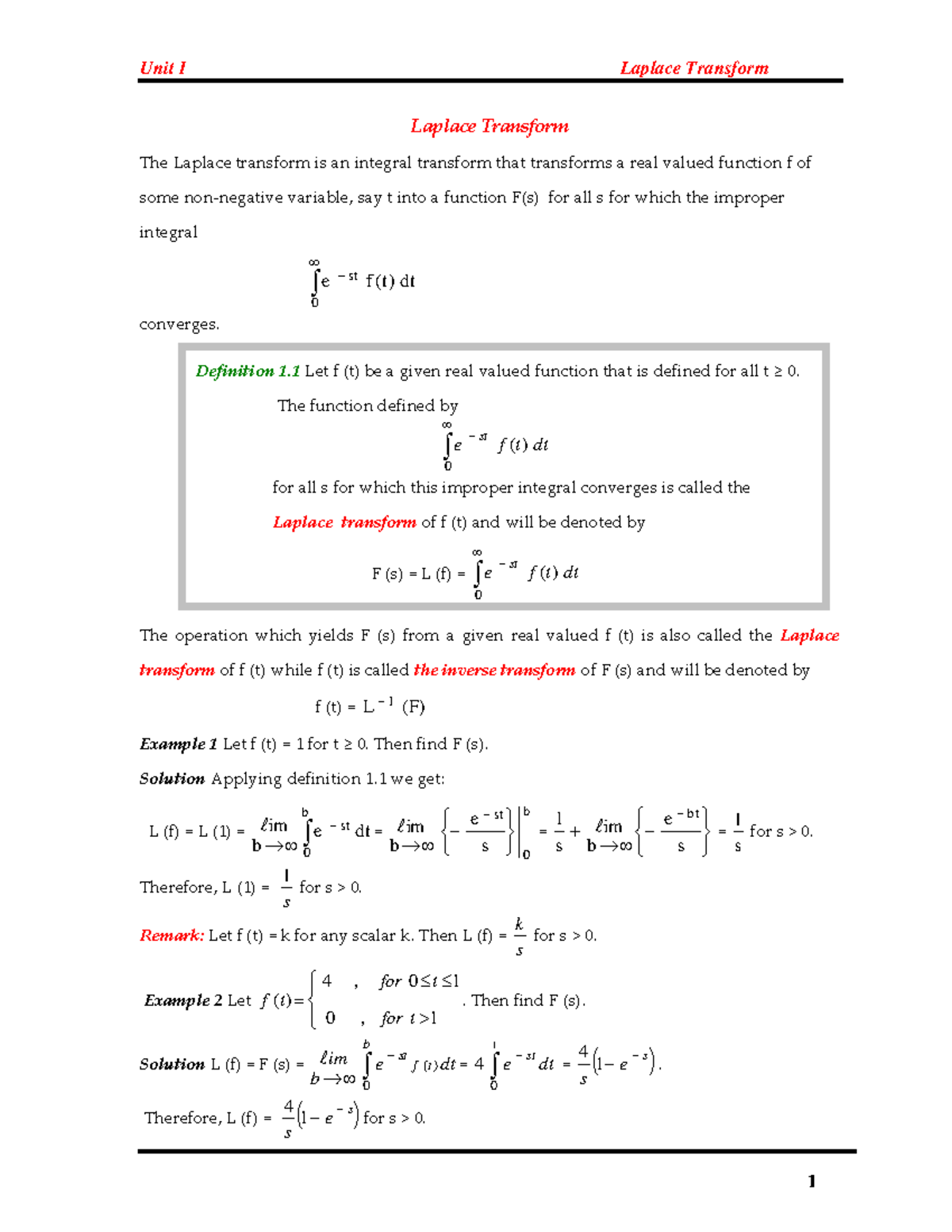 Unit I Laplace Transforms 4 - Laplace Transform The Laplace Transform ...