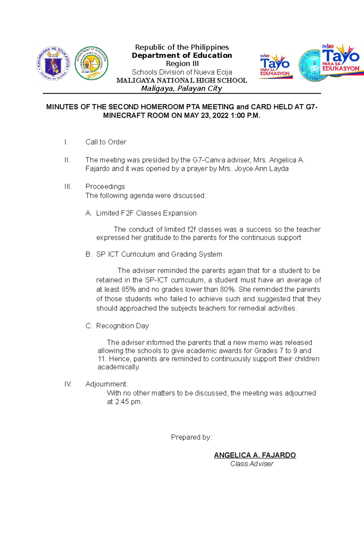 Minutes Of Meeting Hpta 3rd Republic Of The Philippines Department Of