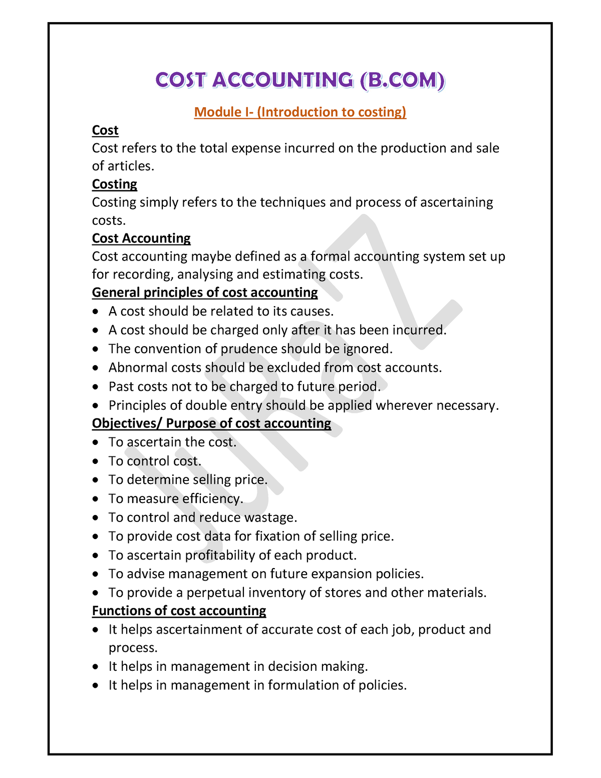 Cost Accounting- Bcom- Module 1 - Module I- (Introduction To Costing ...