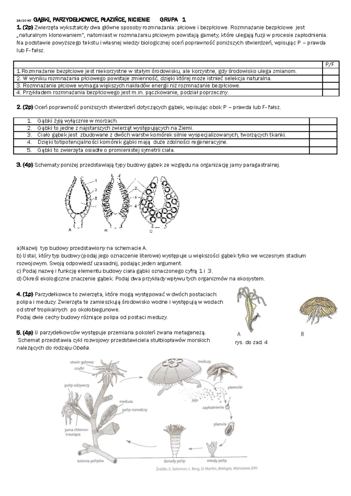 Biologia Klasa 6 Wsip Sprawdzian Parzydełkowce Płazińce Nicienie www.studocu.com