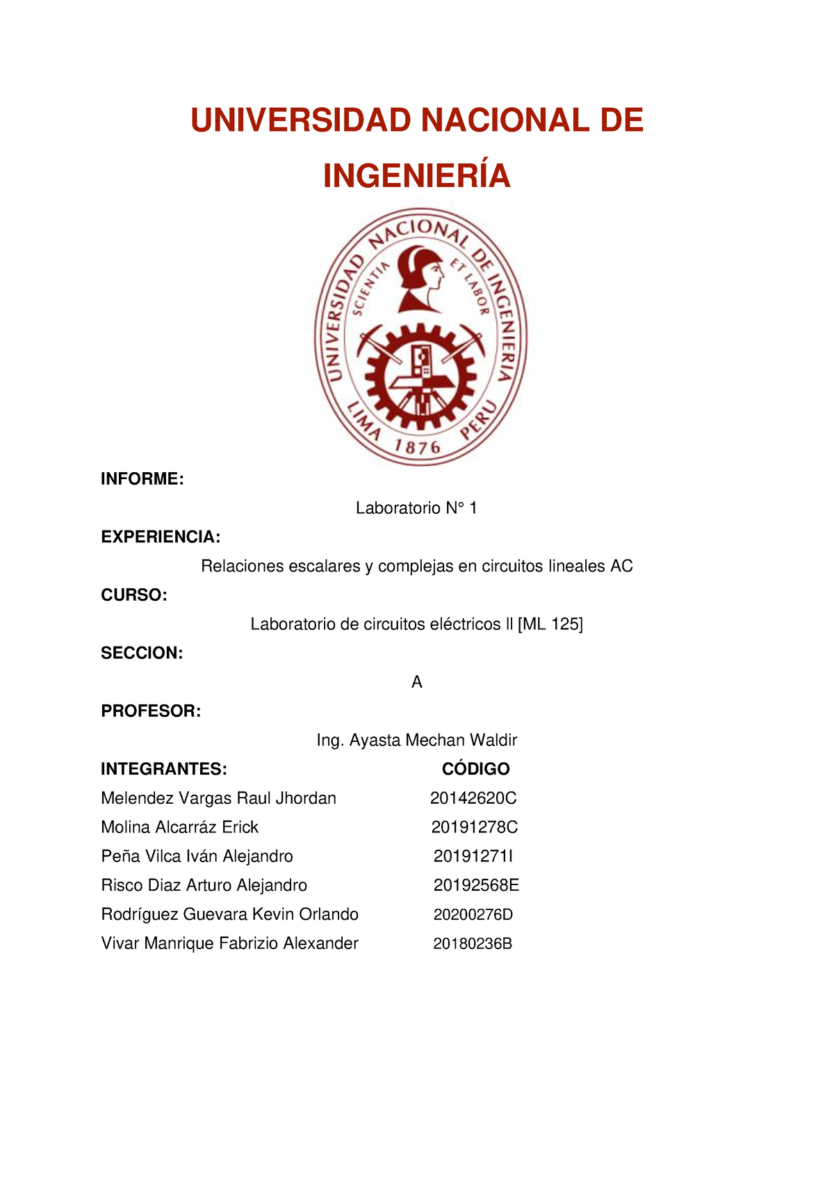 Informe De Laboratorio N°1 -ML125 - UNIVERSIDAD NACIONAL DE INGENIERÍA ...