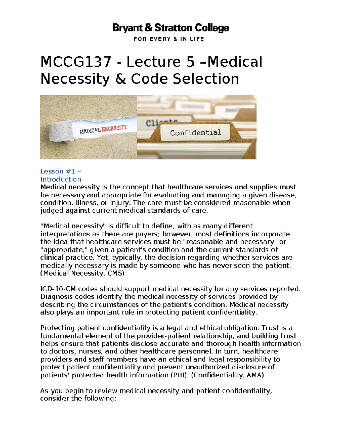 MCCG137 Lecture 5 Medical Necessity & Code Selection MCCG137