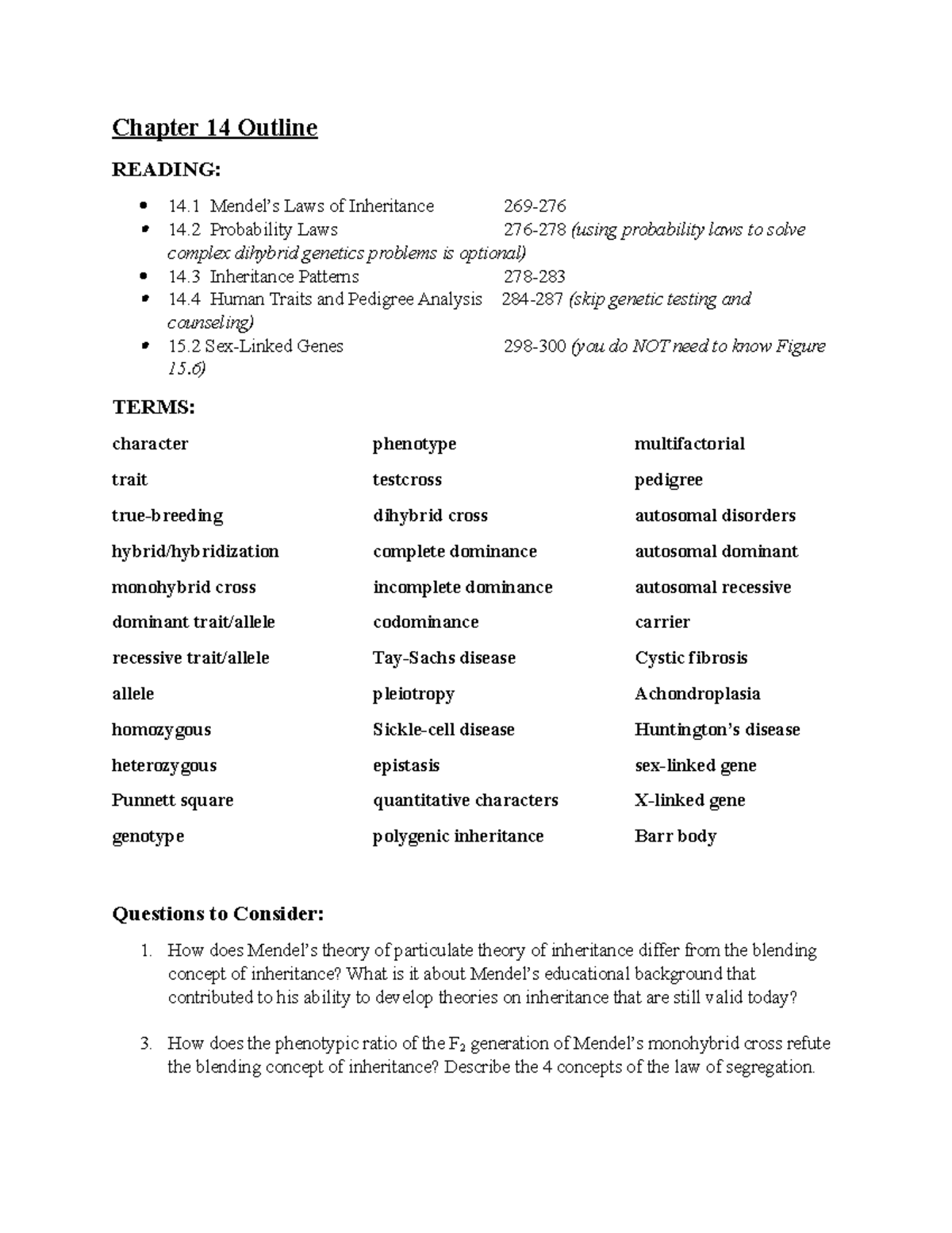 Chapter 14 Outline - Lecture notes Test 3 - Chapter 14 Outline READING ...