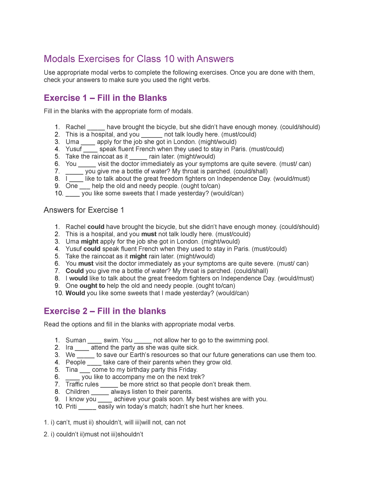 Modals Exercises For Class 10 With Answers Modals Exercises For Class 