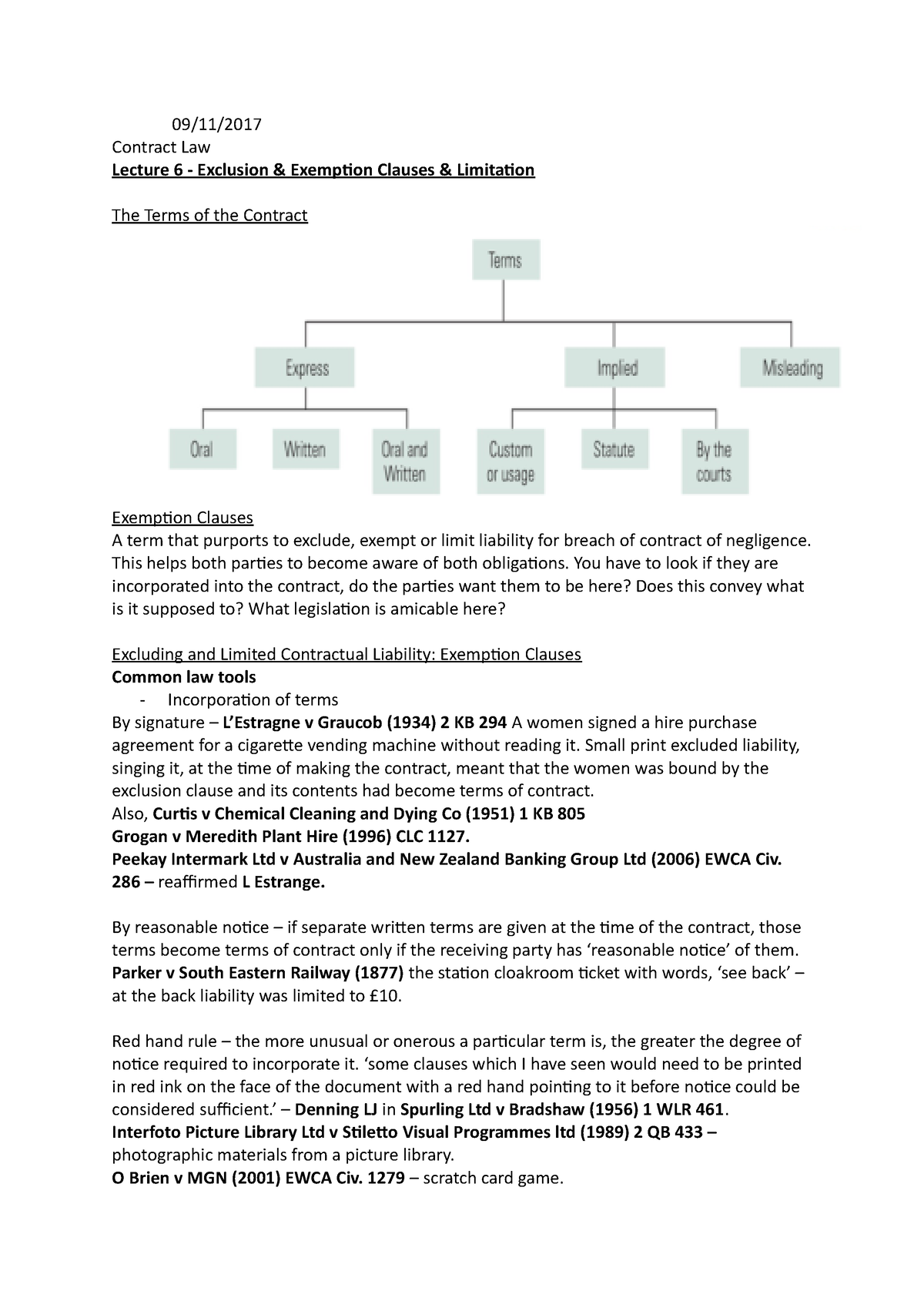 Lecture 6 - Exclusion & Exemption Clauses & Legislation - 09/11 ...