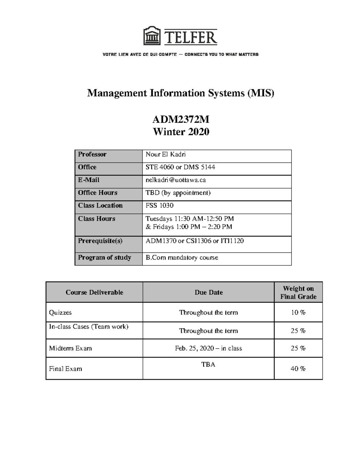 ADM2372 M Winter 2020 - Outline For Course. - Management Information ...