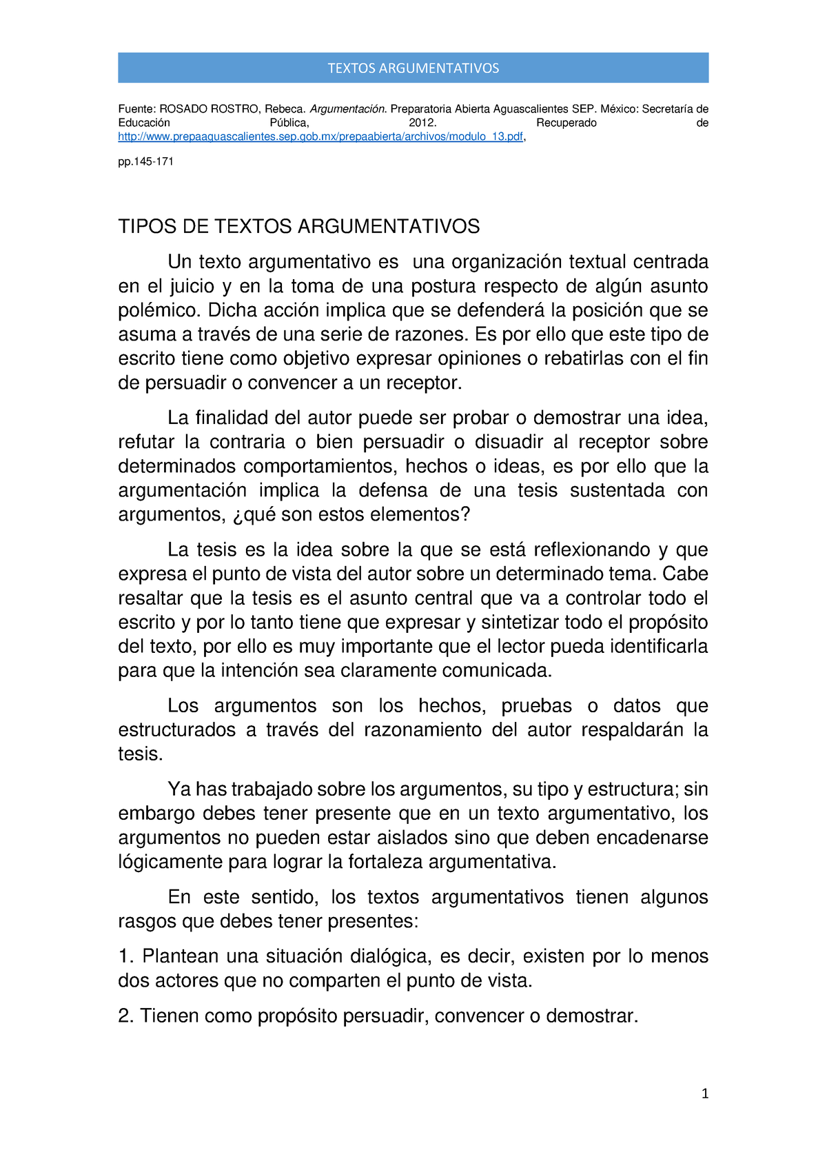 Textos Argumentativos - Fuente: ROSADO ROSTRO, Rebeca. Argumentación ...