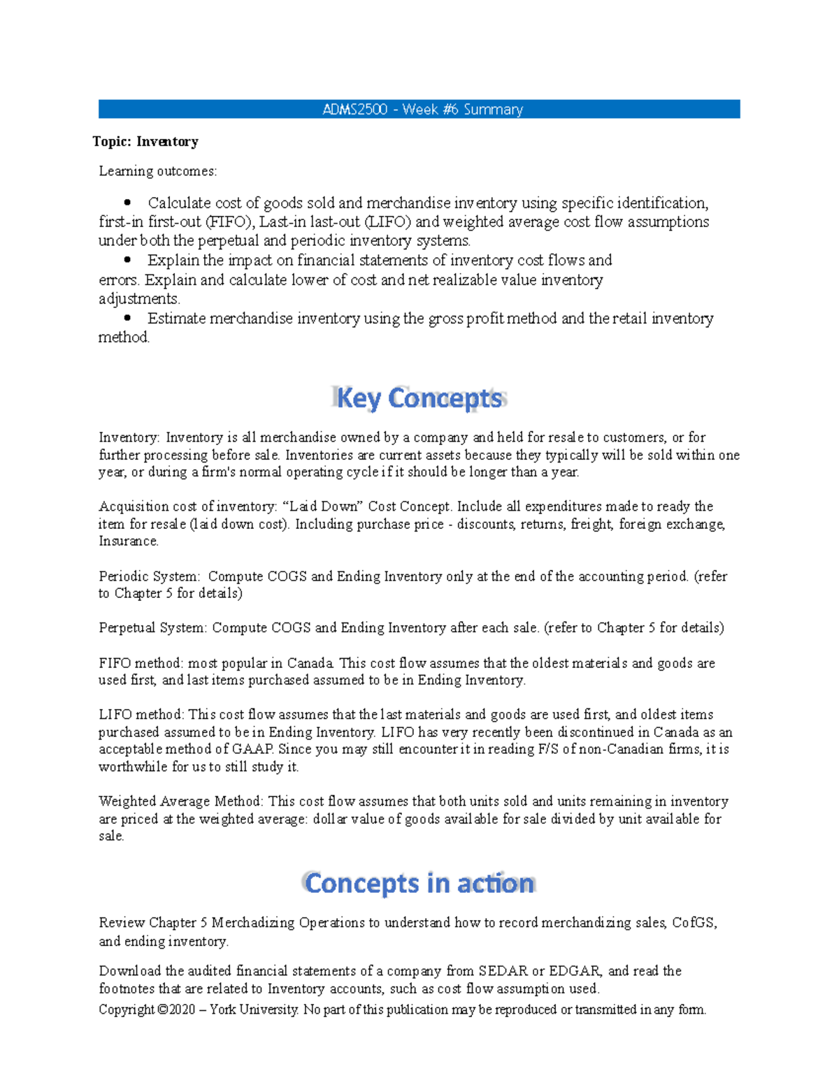 Summary week6 inventory - Copyright ©2020 – York University. No part of ...