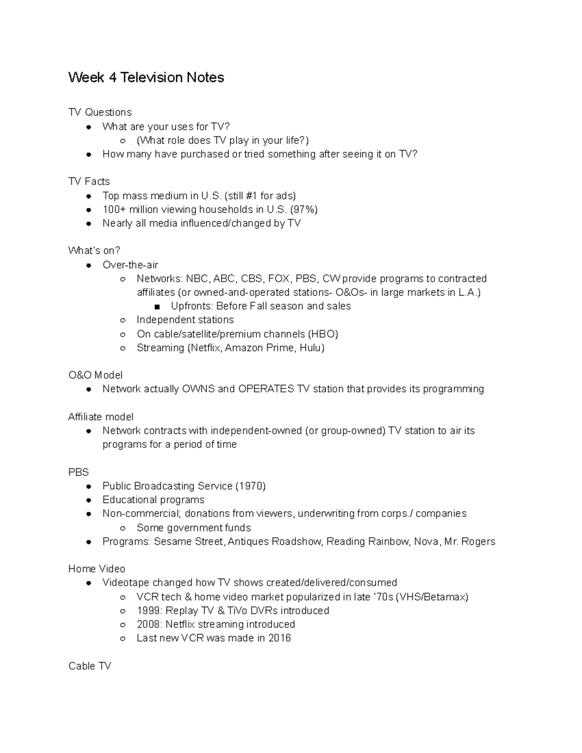 Week 4 Television Notes - Week 4 Television Notes TV Questions What are ...