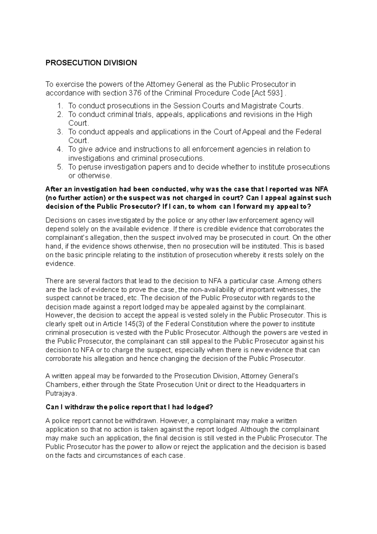 LAW 033 Prosecution Division PROSECUTION DIVISION To Exercise The