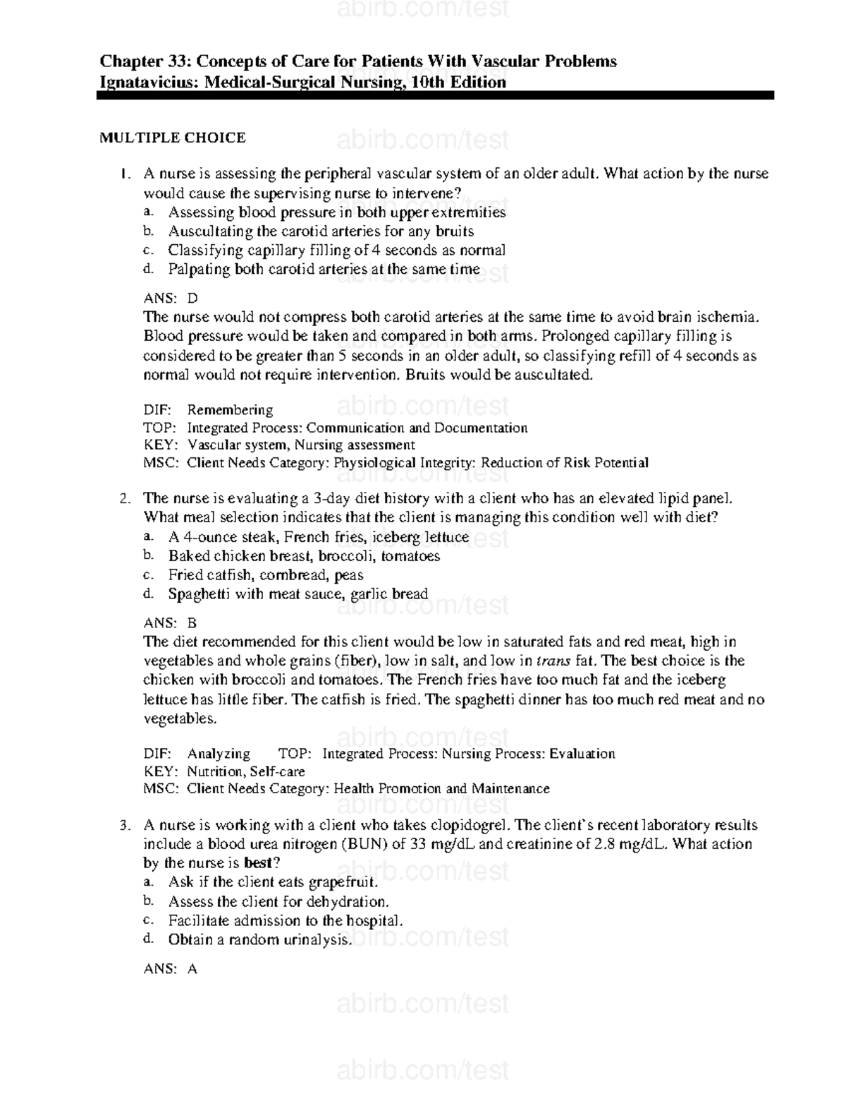 33 - Practice Test - Chapter 33: Concepts Of Care For Patients With ...