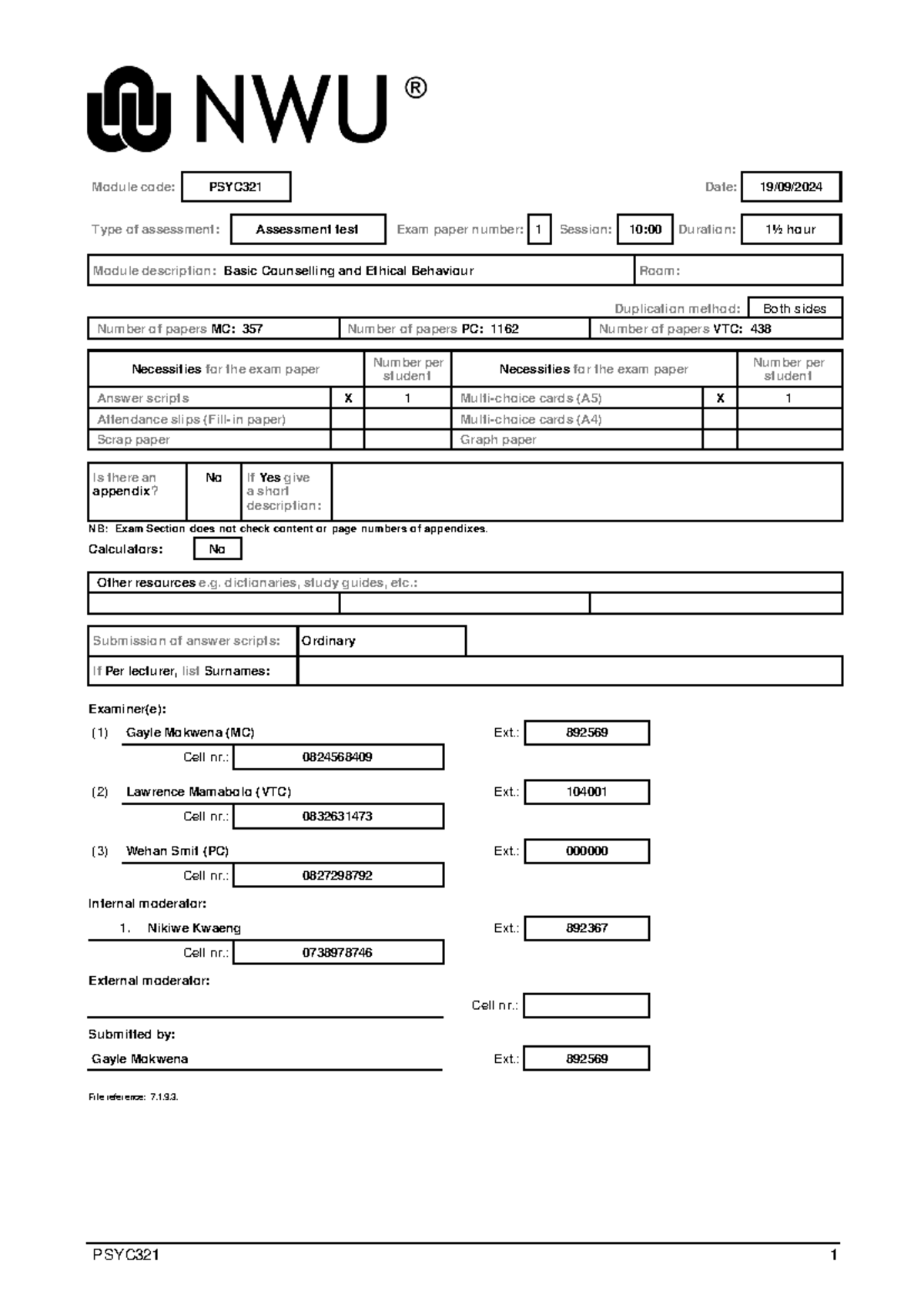 Mid semeter test and memo 2024 PSYC321 1 Module code PSYC321 Date