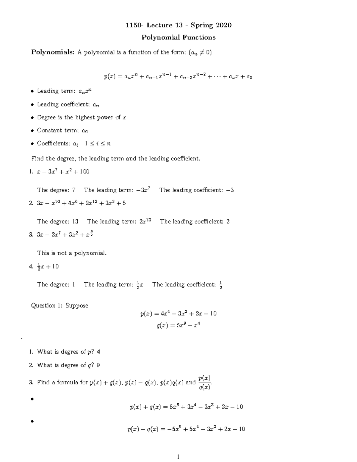 Polynomials- Add/Subtract/Divide/Multiply - 1150- Lecture 13 - Spring ...