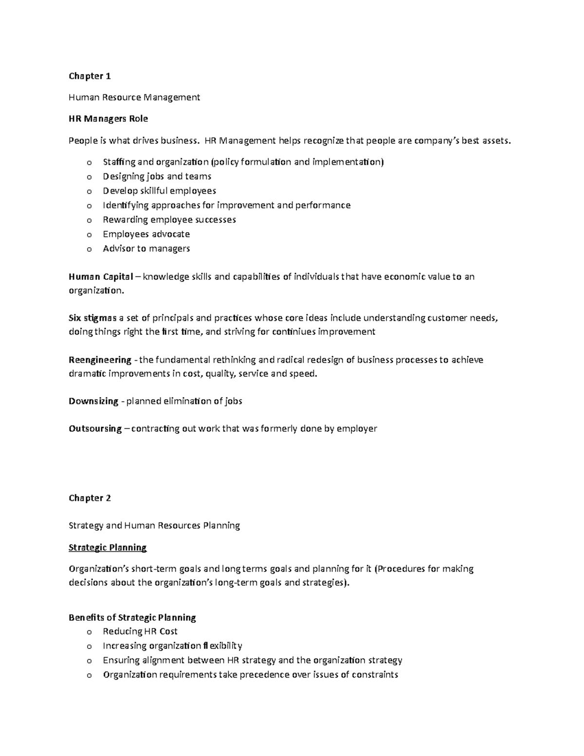 Chapters 1 and 2 notes - Chapter 1 Human Resource Management HR ...