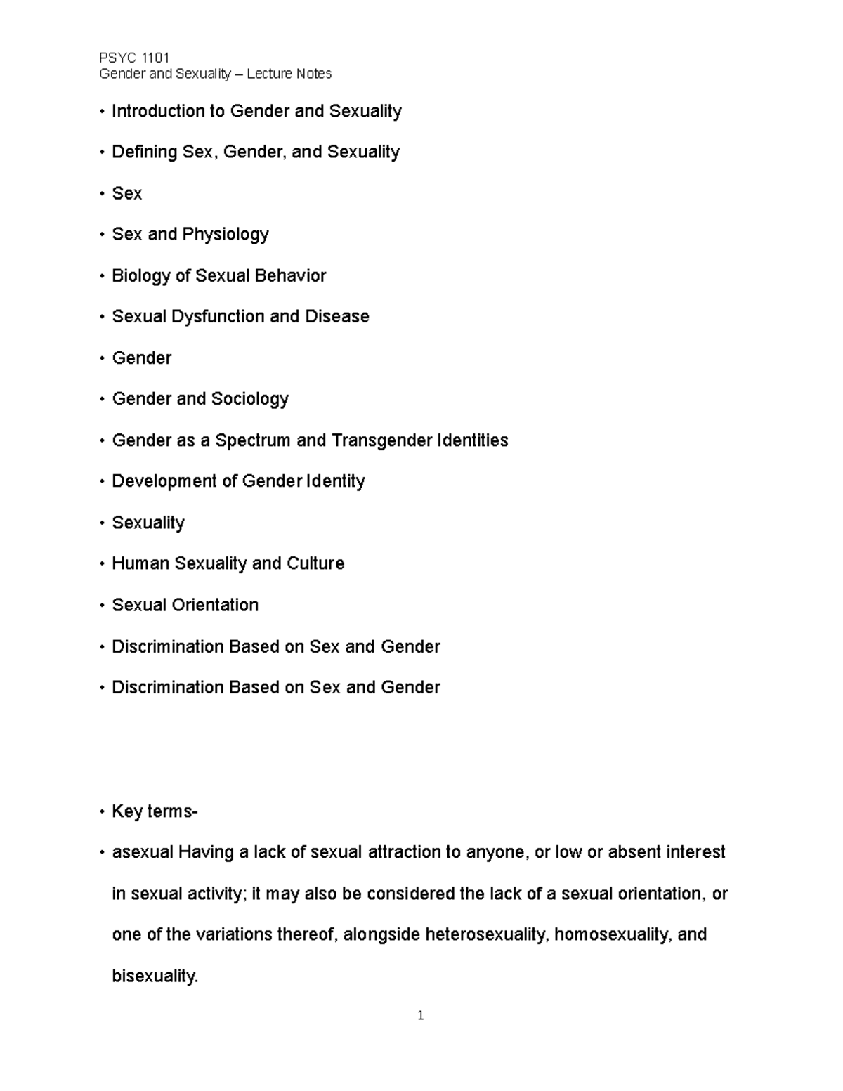 PSYC 1101- Gender and Sexuality Lecture Notes - Introduction to Gender ...