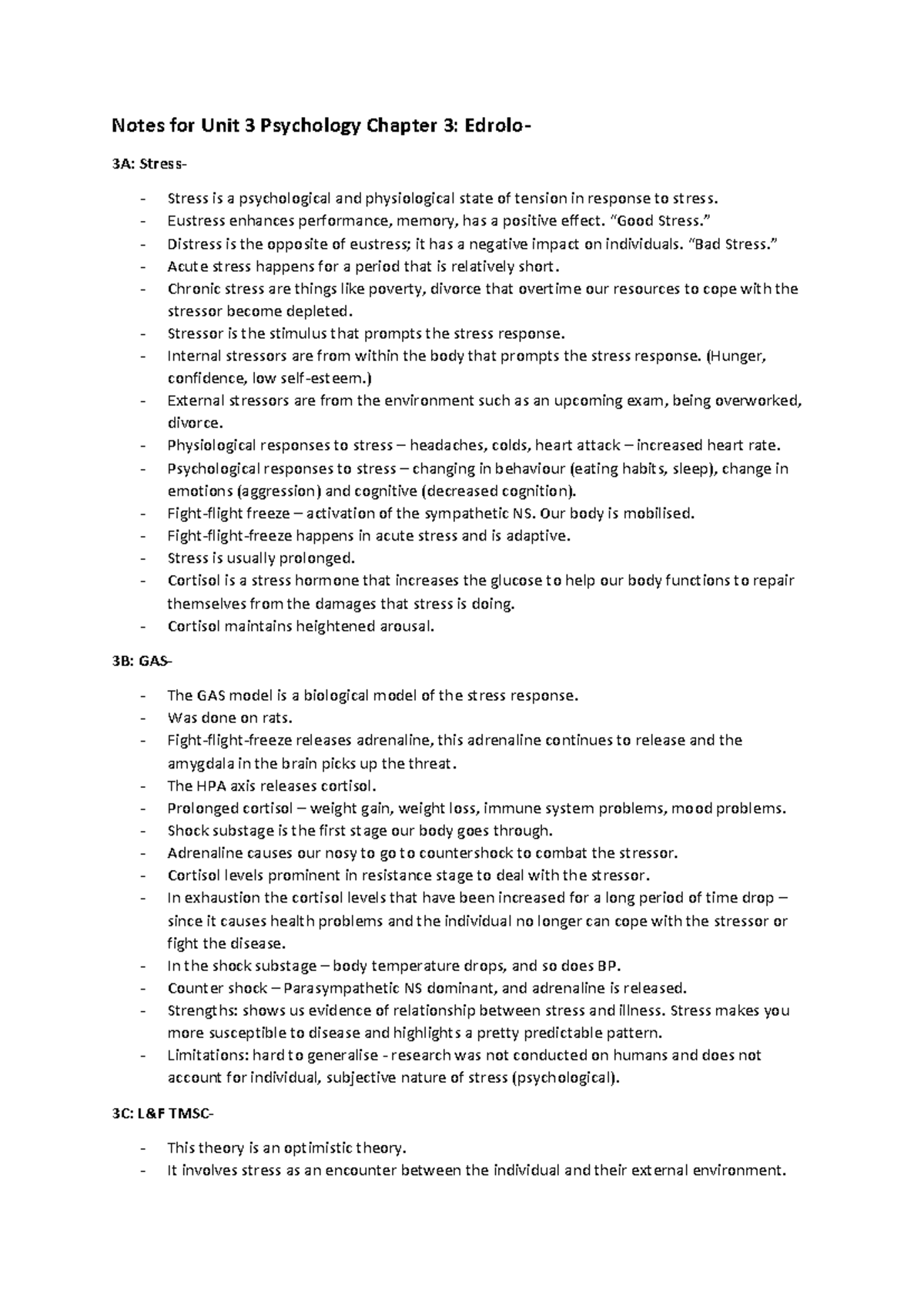 Psych edrolo notes chapter 3- stress - Notes for Unit 3 Psychology ...