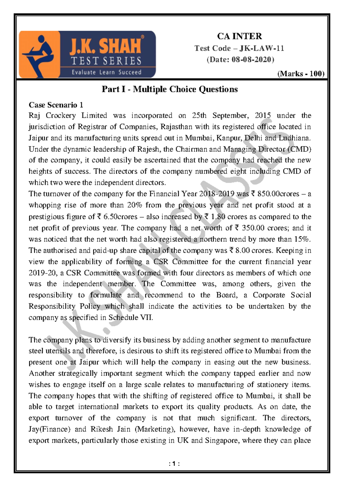 CA Inter TEST Paper 2 Law - CA INTER Test Code – JK-LAW- 11 (Date: 08 ...