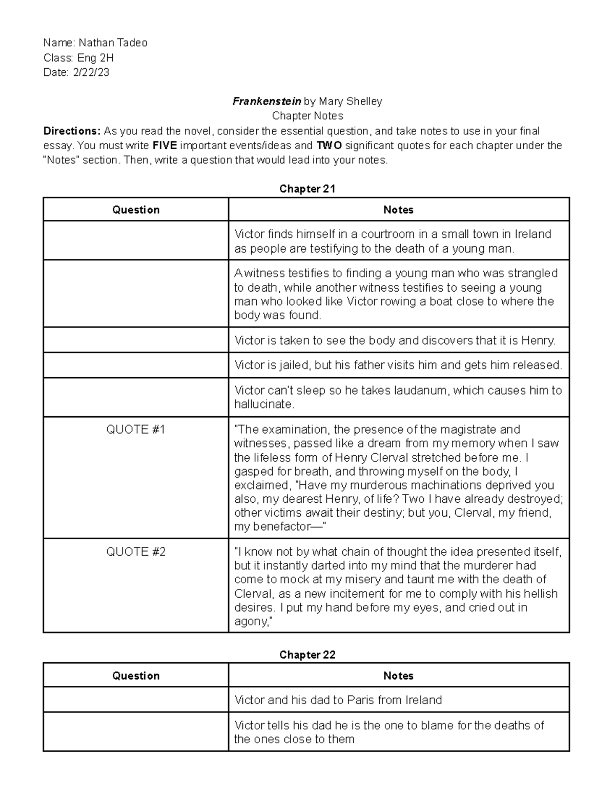 Copy of Frankenstein Notes Chapters 2124 Name Nathan Tadeo Class Eng 2H Date 2/22/ Studocu