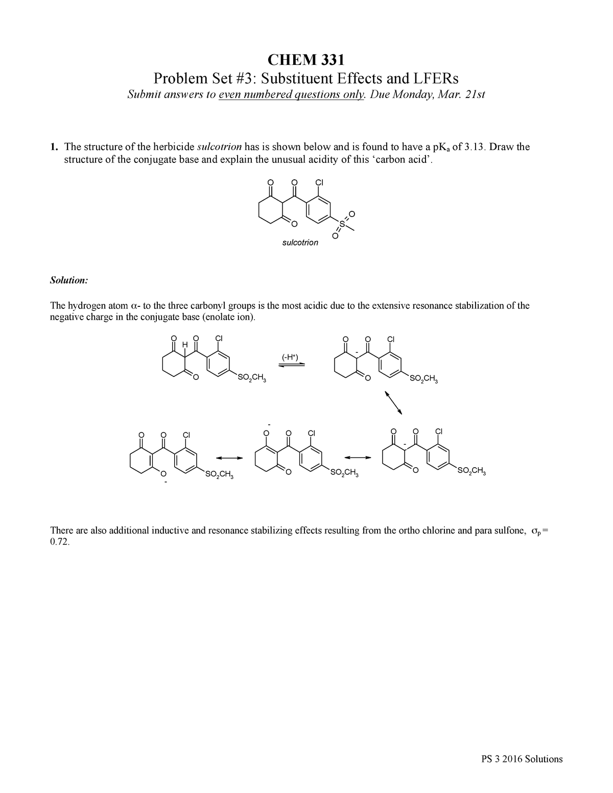 PS 3 2016 Solutions CHEM 331 Problem Set 3 Substituent Effects