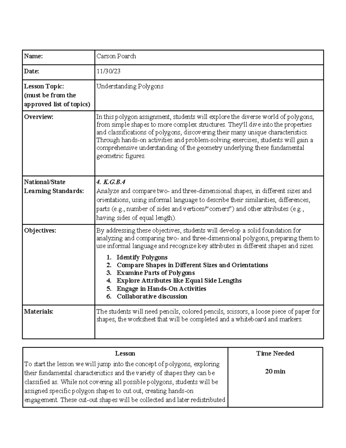 Lesson Plan Math Name Carson Poarch Date 11/30/ Lesson Topic (must