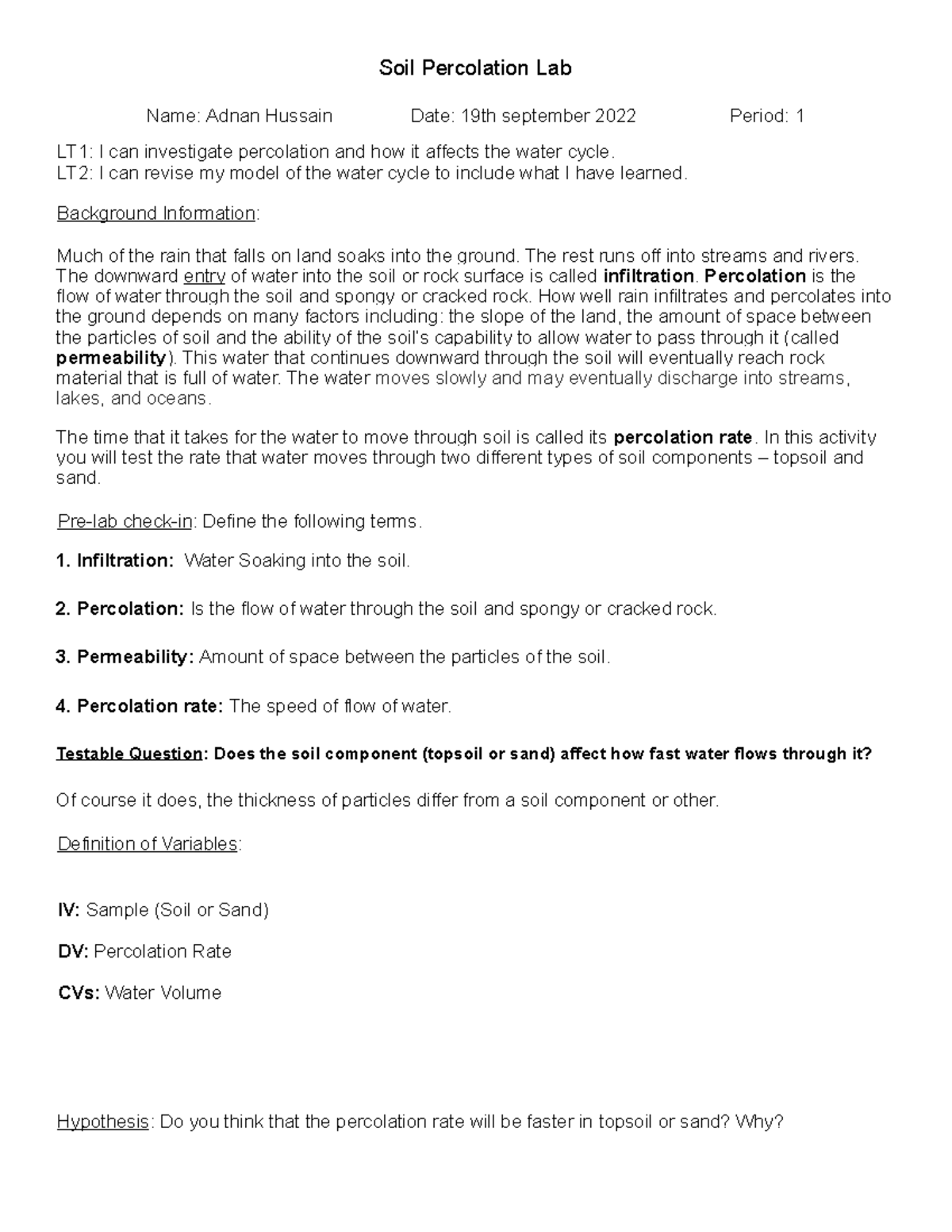 Soil Percolation Lab Worksheet - Soil Percolation Lab Name: Adnan ...