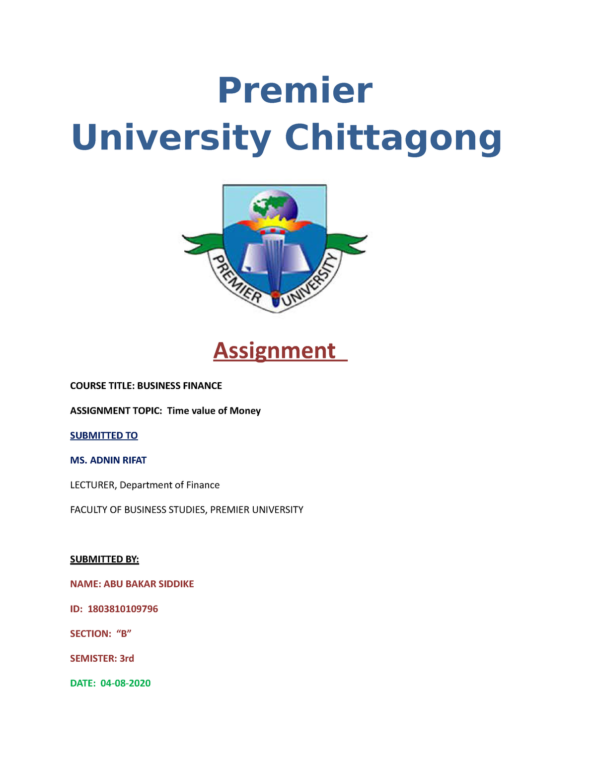 chittagong university assignment cover page