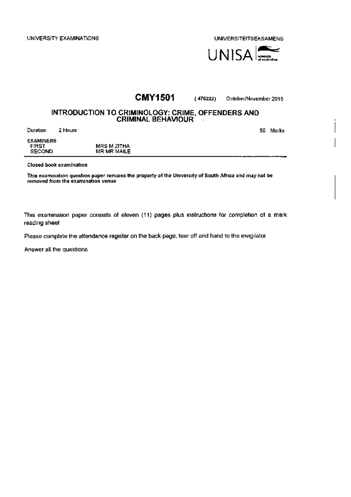 Exam 2015 October UNIVERSITY EXAMINATIONS UNIVERSITEITSEKSAMENS Se