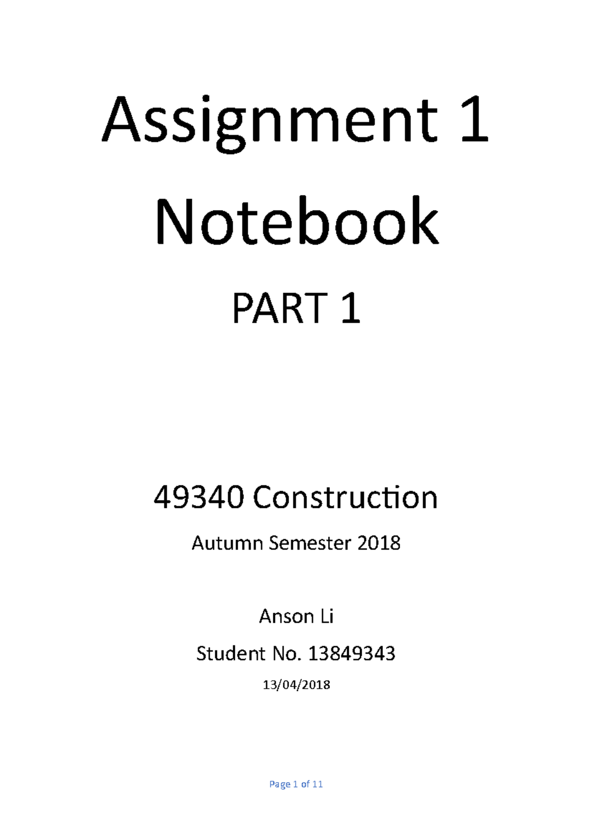 Construction NOTE BOOK 1 - Assignment 1 Notebook PART 1 49340 ...