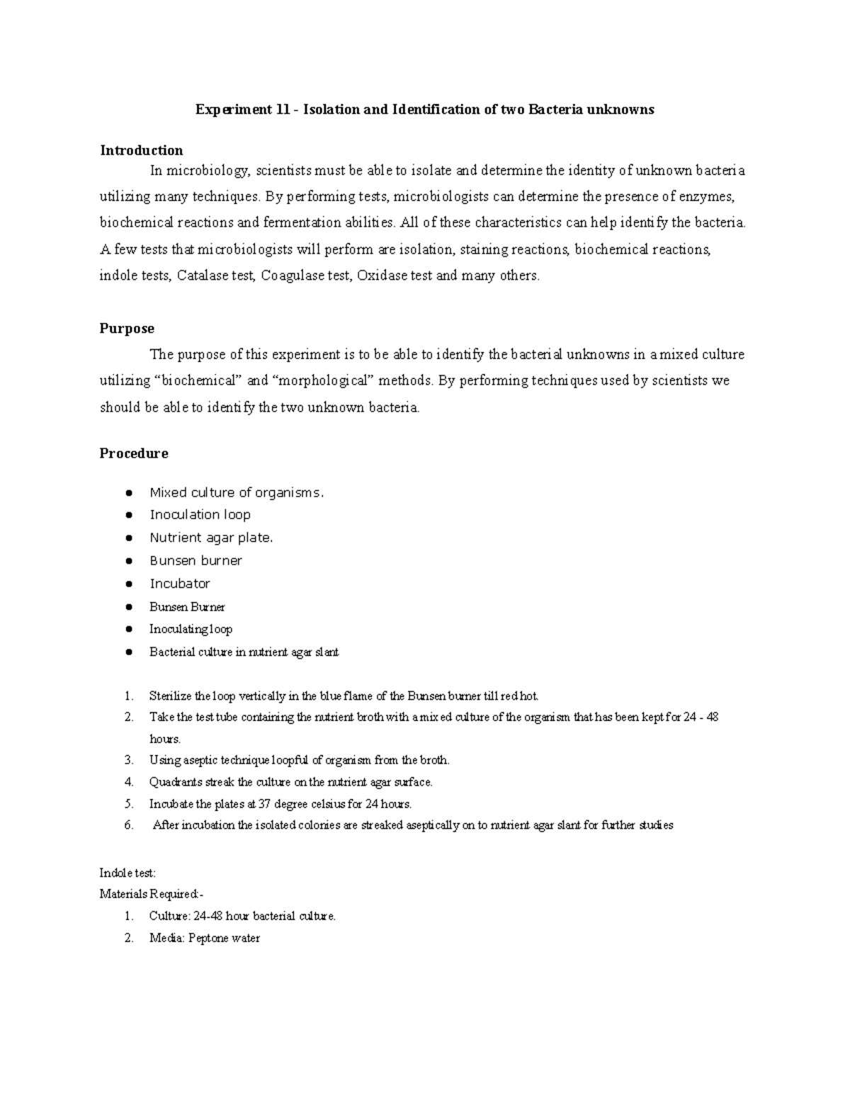 Isolation of 2 Bacteria Experiment 11 Isolation and Identification of two Bacteria unknowns