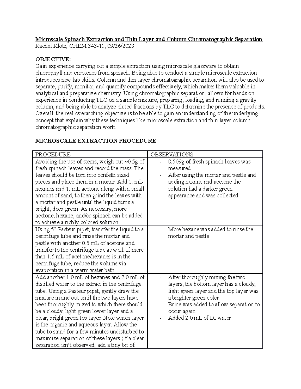 CHEM 343-11 Experiment 5 Lab Report - Microscale Spinach Extraction and ...