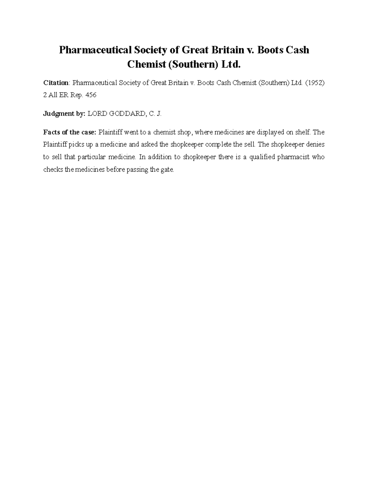 Boot Cash Chemist case Law Pharmaceutical Society of Great Britain v. Boots Cash Chemist Studocu