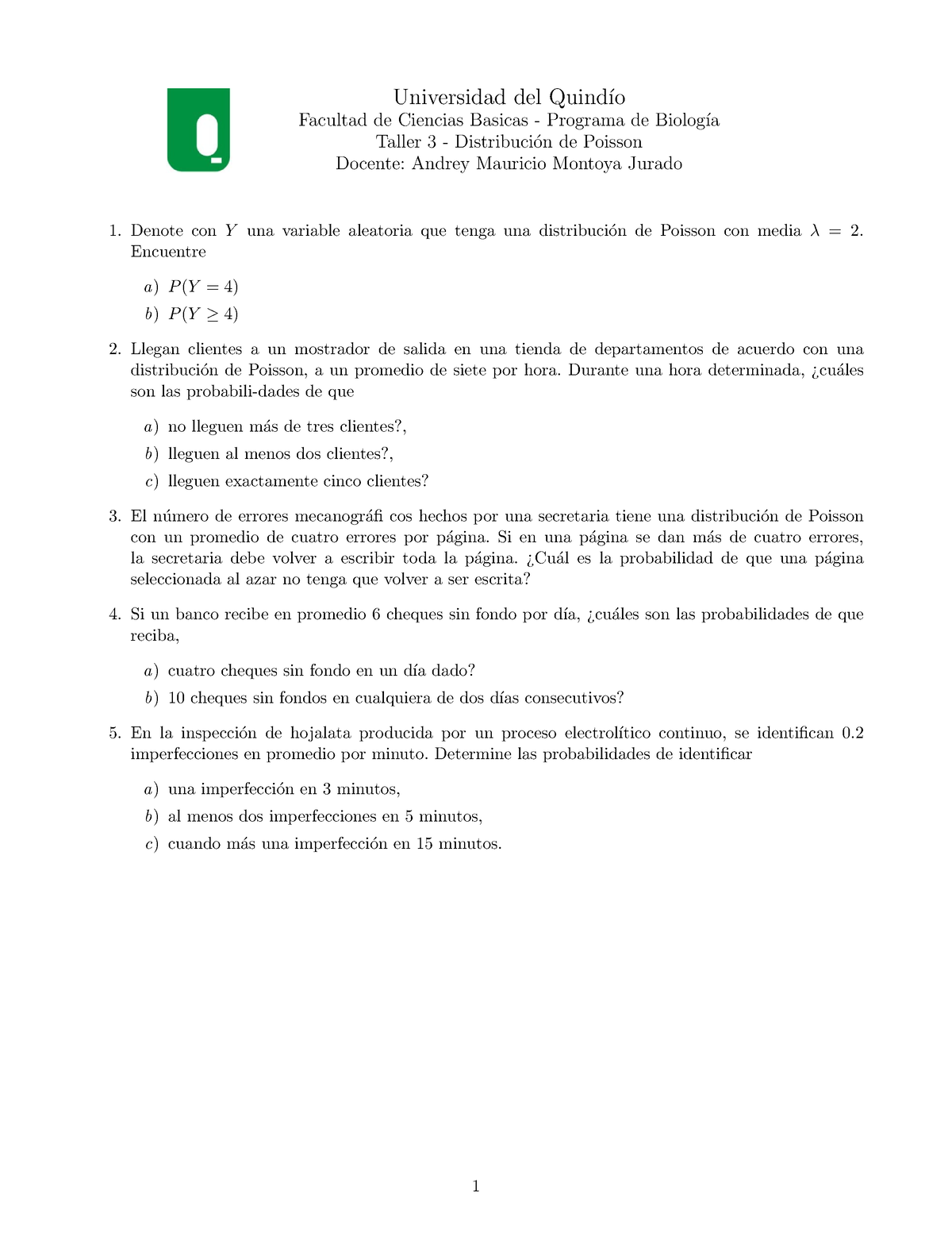 Taller De Distribuci N De Poisson Universidad Del Quind O Facultad De Ciencias Basicas