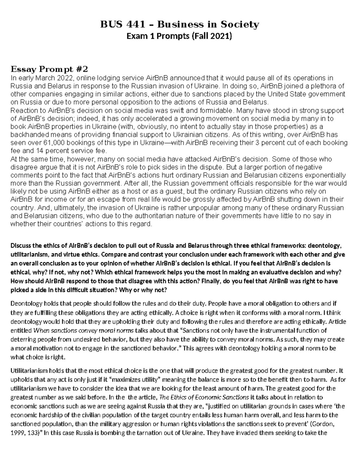 Exam1 - Exam 1 - BUS 441 – Business in Society Exam 1 Prompts (Fall ...